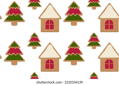 Seamless pattern of cookies in the form of a Christmas tree and a house. New Year's pattern.