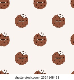 Seamless pattern with cookies in a groovy style. Lots of chocolate cookies on a light background. Cookies with eyes and smiles. A modern seamless pattern design with pastries. Bitten cookies