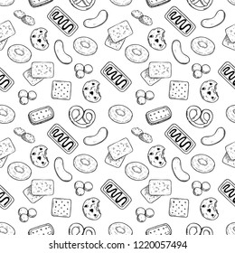seamless pattern of cookies with hand drawn or sketch style on white background