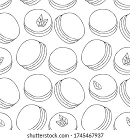 Patrón sin inconvenientes con las galletas. Dibujo hecho a mano. Imagen de contorno negro sobre fondo blanco. Ilustración vectorial. Diseño para portaobjetos, papel de envoltura.