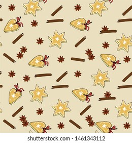 Seamless pattern of cookies heart star shape form cinnamon cardamom on brown. Hand drawn color vintag style stock vector illustration festive elements for restaurant and cafe menu, for web, for wallpa