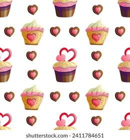 Seamless pattern of cookies with hearts and cakes, delicious background for a festive mood, illustrations in a flat cartoon style for decorating sweet restaurant menus and Valentine's Day cards