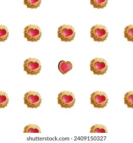 Seamless pattern with cookies with hearts, delicious background for a festive mood, illustrations in a flat cartoon style for decorating sweet restaurant menus and Valentine's Day cards