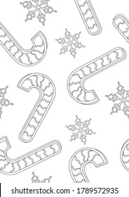 Seamless pattern with cookies with lollipops and snowflakes for christmas as antistress coloring page for adults, a4 outline colorless vector stock illustration with christmas  sweets as coloring book