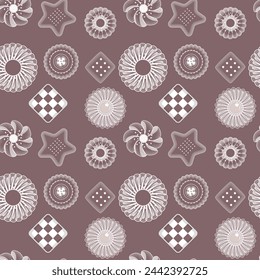 Seamless pattern with cookies in 
monochrome style. They are perfect for baby shower, fabric print, cloth, wrapping paper design, greeting card design, cover design, wallpaper and kids apparel design.