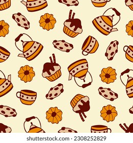 Seamless pattern with cookies, muffin, teapot and cup. On a light background, doodle style.