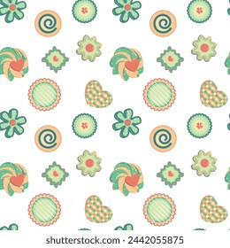 Seamless pattern with cookies in nursery style. They are perfect for baby shower, fabric print, cloth, wrapping paper design, greeting card design, cover design, wallpaper and kids apparel design.