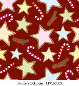 Seamless pattern with cookies on red background