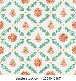 Seamless pattern with cookies, orange sections and fir branches. Christmas background, beautiful damask ornament. Vector illustration for paper, textile, scrapbooking.