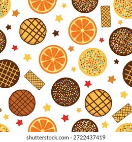 Patrón sin fisuras de galletas de naranjas y estrellas de fondo