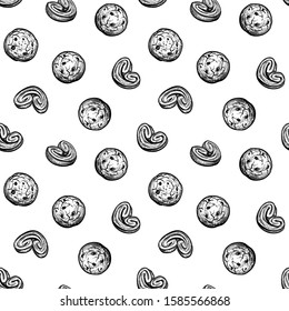 Seamless pattern with cookies and palmiers. Ink sketch on white background. Hand drawn vector illustration. Retro style.