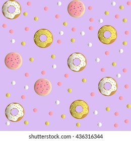 Seamless pattern with cookies in a pink glaze, donuts with cream and sprinkles and colorful round candy, on a lilac monochromatic background