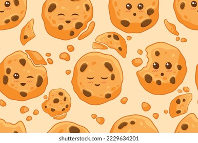 Seamless pattern with cookies. Repeating design element for printing on fabric. Flour products with chocolate pieces, dessert and delicacy. Cafe or restaurant menu. Cartoon flat vector illustration