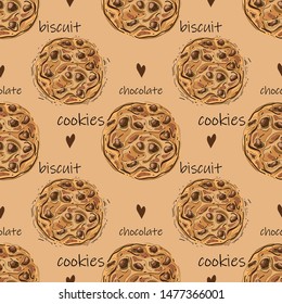 Seamless pattern with cookies. Tasty cookies with chocolate chips. Wallpaper, print, wrapping paper. Vector illustration.