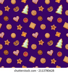 Seamless pattern with cookies. Vector colorful illustration on the dark background.