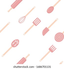 seamless pattern, cooking background, spoons, forks, spatulas, rolling pin, whisk, knives, vector image, isolated on white background, pink, for kitchen towels