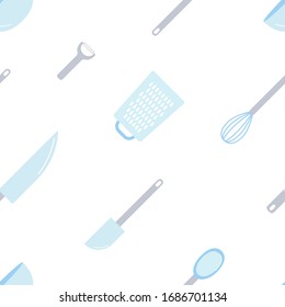 seamless pattern, cooking background, spoons, forks, spatulas, rolling pin, whisk, knives, vector image, isolated on white background, grey, blue, for kitchen towels