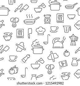 Seamless pattern with cooking. Black and white thin line icons