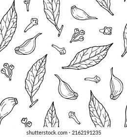 Seamless pattern with cooking herbs and spices. Vector culinary illustration isolated on white background. Good for spice packaging, menu design and vegetable shop labels.