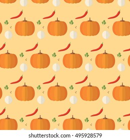 seamless pattern cooking kitchen pumpkin pepper parsley onion on orange background vector wallpaper textiles red