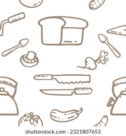 Seamless pattern with cooking kitchen symbols doodle style vector illustration on white background