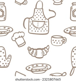 Seamless pattern with cooking kitchen symbols doodle style vector illustration on white background