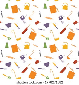 Seamless pattern cooking with kitchen tools, cookware. Vector stock illustration on white background for print industry, web site online cooking course, class certificate, diploma.