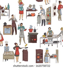 Seamless pattern with cooking people. Group of people preparing meals. Vector illustration in sketch style 