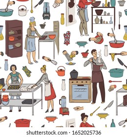 Seamless pattern with cooking people, kitchen utensils and appliances. Group of people preparing meals. Vector illustration in sketch style 