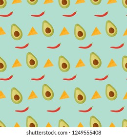seamless pattern cooking recipe kitchen avocado chilli pepper nacho fruit vegetable Mexico food on blue background vector wallpaper textile giftwrap