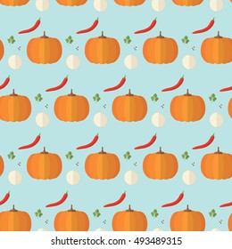 seamless pattern cooking recipe kitchen pumpkin pepper parsley onion on blue background vector wallpaper textiles orange red