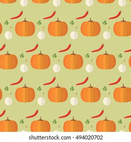 seamless pattern cooking recipe kitchen pumpkin pepper parsley onion on green background vector wallpaper textiles orange red
