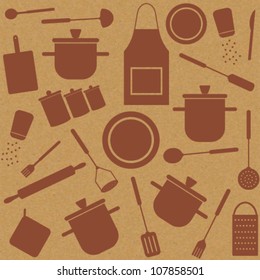 Seamless pattern with cooking related symbols on paper textured background