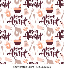 Seamless pattern with cooking tools and calligraphy text Bon Appetit. Backdrop with kitchen utensils for homemade meals preparation. Vector illustration in flat style for textile print, wrapping paper