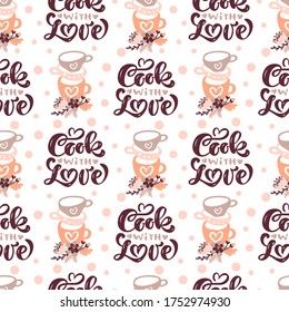 Seamless pattern with cooking tools on white background. Backdrop with kitchen utensils for homemade meals preparation with flowers. Vector illustration in flat style for textile print