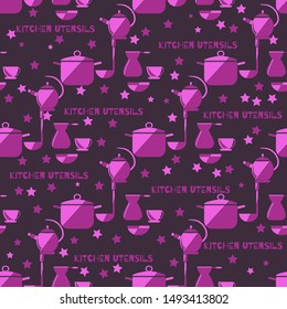 Seamless pattern with cooking utensils for design of maple or wrapper. Endless texture. Vector drawing.