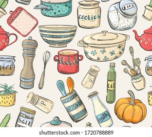 Seamless Pattern With Cooking Utensils, Dishes And Food
