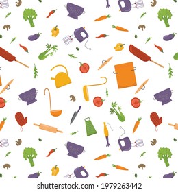 Seamless pattern cooking with vegetables and kitchen tools, cookware. Vector stock illustration on white background for print industry, web site online cooking course, class certificate, diploma.