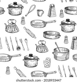 Seamless pattern. Cook's tools and items set. kitchen utensils .Hand-drawn design elements. Vector illustration 