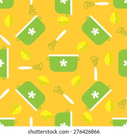 seamless pattern with cookware in flat style with yellow background. vector illustration