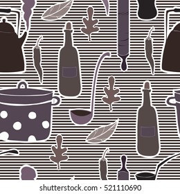 Seamless pattern with  cookware. 	Saucepan, bottle, teapot, pepper, leaves, ladle, rolling pin, jezve. Striped background.