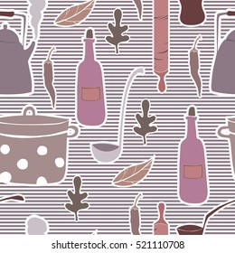 Seamless pattern with  cookware. 	Saucepan, bottle, teapot, pepper, leaves, ladle, rolling pin, jezve. Striped background.
