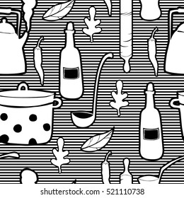 Seamless pattern with  cookware. 	Saucepan, bottle, teapot, pepper, leaves, ladle, rolling pin, jezve. Striped background. Black and white.