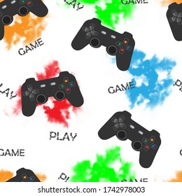 Seamless Pattern For Cool Boys. Game Joystick And Text On White Background With Multi-colored Scuffs.