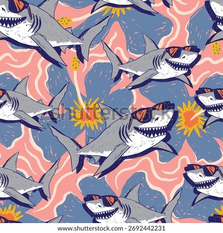 Seamless pattern with cool cartoon sharks wearing sunglasses on tropical abstract background. Fun summer ocean design for kidswear, beach apparel, and surf-inspired fabric prints.