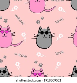 Patrón sin foco con gatos fríos en lentes de fondo rosado