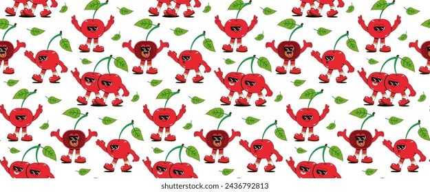 Seamless pattern with cool cherry blossom characters in different poses. Fashionable retro groovy style. Background for bar, restaurant, cafe, market.