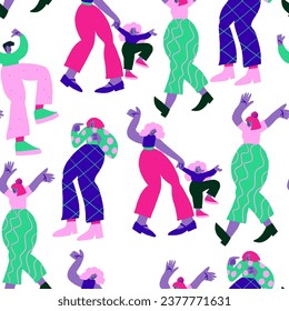 Seamless pattern with cool colorful people doodles on white. Colorful party characters dancing on white. Cartoon people