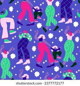 Seamless pattern with cool colorful people doodles with stars on blue. Colorful party characters dancing on blue. Cartoon people night party