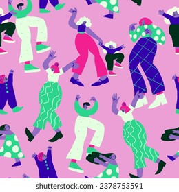 Seamless pattern with cool colorful people doodles on pink. Colorful party characters dancing on pink. Cartoon neon people